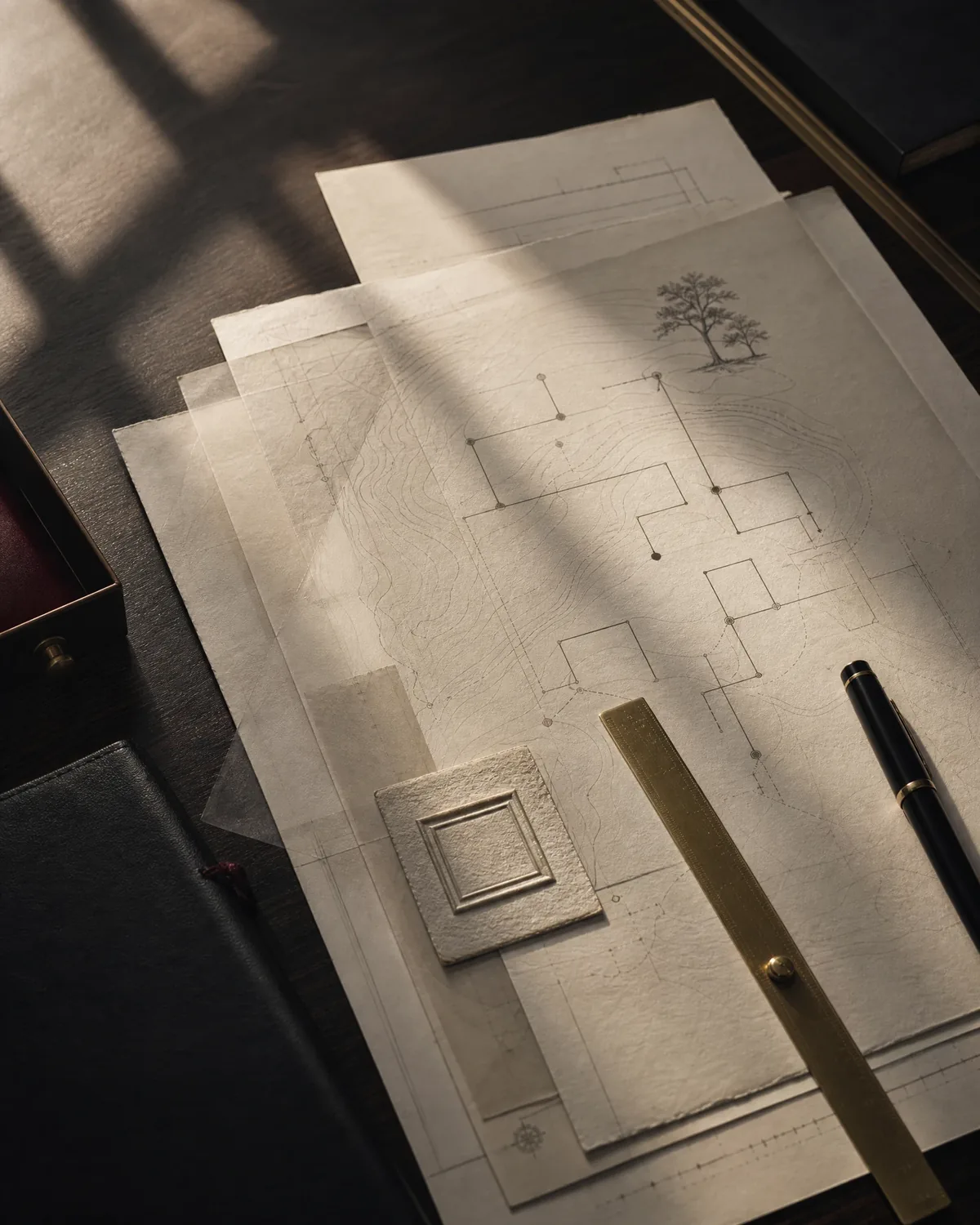 Private capital planning arranged on an archival desk